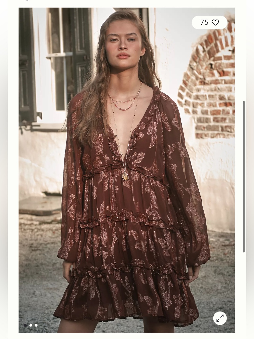 NWT By Anthropologie Long-Sleeve Tiered Metallic Mini Dress